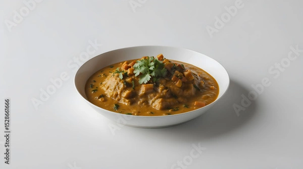 Fototapeta A bowl of delicious-looking curry with sweet potato and cilantro garnish.  The rich, golden brown sauce is appetizing. Perfect for a cozy meal.