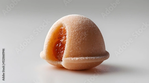 Fototapeta A single, dome-shaped confectionery with a visible apricot jam filling.