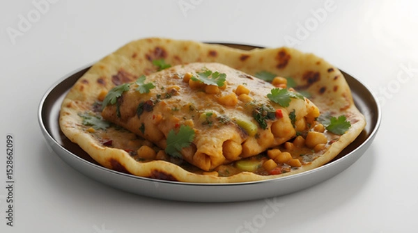 Fototapeta Delicious chickpea curry nestled in a warm, flaky roti. Garnished with fresh cilantro, this vibrant dish is a culinary delight. Perfect for a flavorful and satisfying meal.