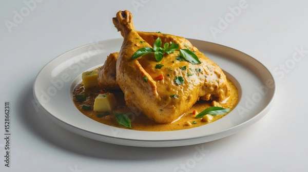 Fototapeta A roasted chicken, generously coated in a creamy yellow sauce, sits on a white plate.  Garnished with fresh herbs and potato pieces, it's a delectable dish.