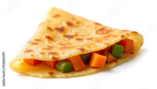 Fototapeta A delicious crepe filled with diced carrots and green beans.  The crepe is golden brown and slightly crispy. A perfect light meal or snack.