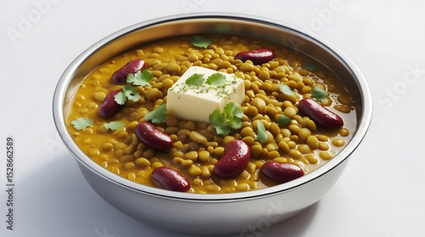 Fototapeta A bowl of delicious Indian Chole Masala, featuring chickpeas, kidney beans, a pat of butter, and fresh cilantro. The vibrant colors and textures make it an appetizing dish.