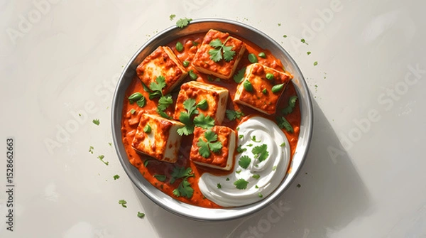 Fototapeta Delicious paneer tikka masala served in a metal bowl, garnished with cilantro and a dollop of creamy yogurt. A vibrant and flavorful Indian dish.
