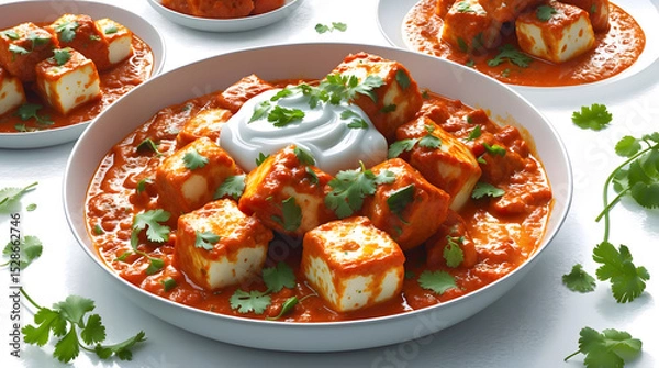 Fototapeta A delicious bowl of Indian butter paneer, featuring creamy tomato sauce, soft paneer cheese cubes, and fresh cilantro garnish.  Served with a dollop of yogurt.