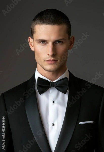 Fototapeta A man in a black tuxedo with a black bow tie, standing against a dark background.