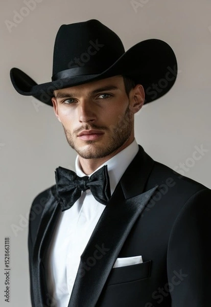 Fototapeta A man in a black tuxedo and cowboy hat, with a black bow tie, standing against a neutral background.