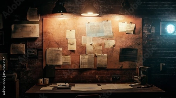 Fototapeta Dark room with wooden desk, corkboard filled with papers, and lamps.