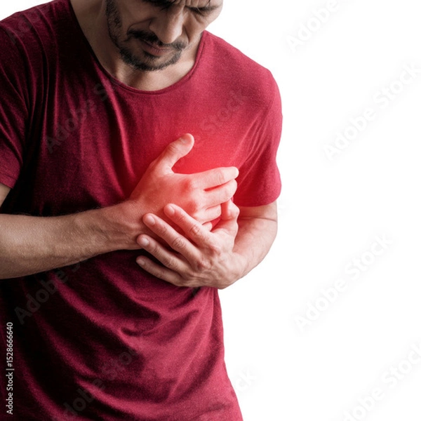 Obraz A man in a red shirt is holding his chest and appears to be in pain