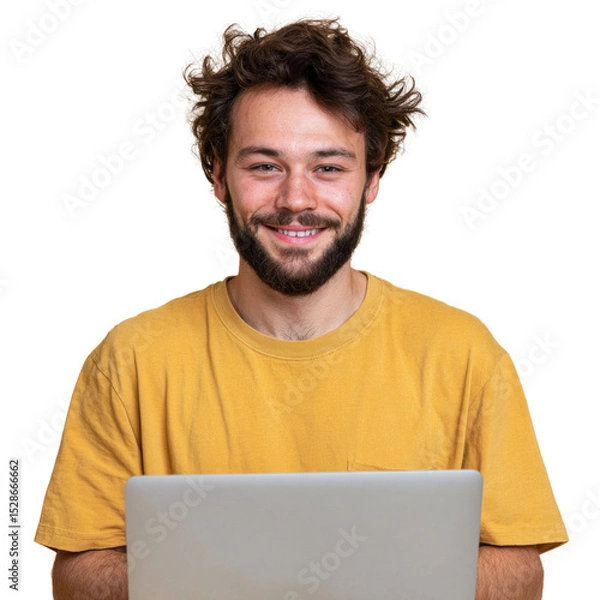 Obraz A man with a beard and a yellow shirt is smiling and holding a laptop