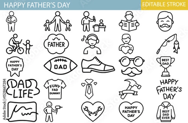 Fototapeta Father's Day Outline Icons Set: A comprehensive set of Father's Day themed outline icons conveying warmth, family bonding, and celebrating dad's diverse interests, from sports to hobbies.