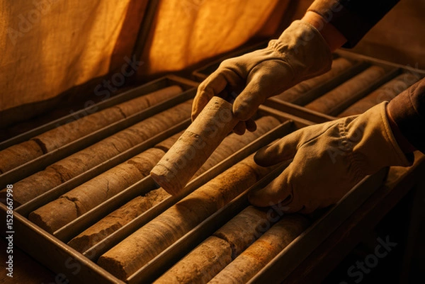 Fototapeta Geologist examining rock core samples in protective gloves for mineral exploration and geological analysis at mining site