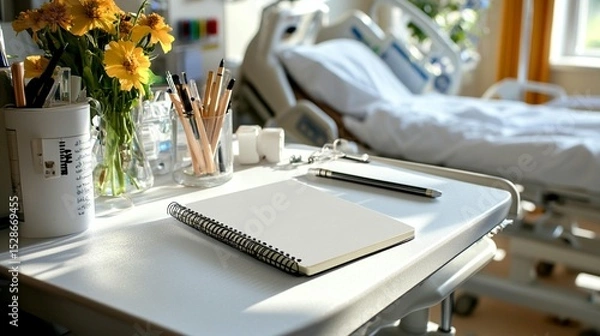 Obraz Blank notebook on a hospital bedside table, beside art supplies and flowers
