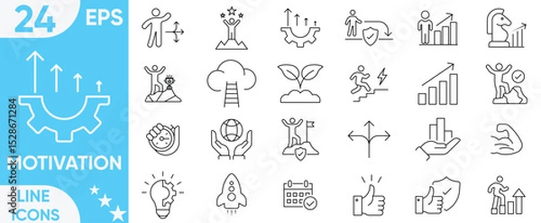 Fototapeta Motivation icon set.Successful business, growth, positive mindset trophy, success ladder, achievement, rocket launch, success, organization and more.Vector and illustrator set.