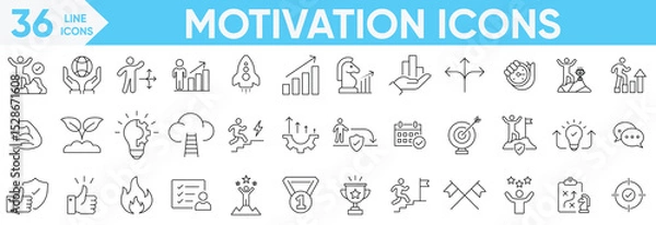 Fototapeta Motivation icon set.Successful business, growth, positive mindset trophy, success ladder, achievement, rocket launch, success, organization and more.Vector and illustrator set.