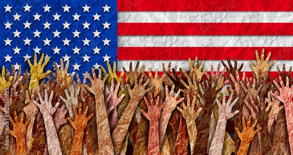 Fototapeta US Protest as American people protesting as upset angry protesters hands up in the air protesting as diverse community members in a social revolution or political protests crisis.