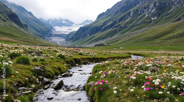 Fototapeta A stream in a mountain valley. The mountains are shrouded in fog. AI generation.
