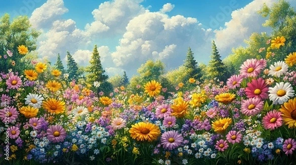 Fototapeta Colorful flower field stretches towards a pine forest under a vibrant sky.  A profusion of daisies, sunflowers, and other wildflowers bloom in a riot of color