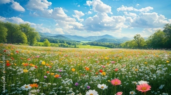 Obraz Colorful meadow flowers bloom in a valley with rolling hills and a clear blue sky. Lush greenery, vibrant blossoms, and a breathtaking landscape