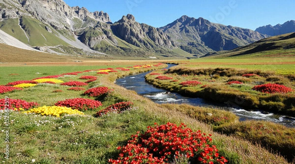 Fototapeta A mountain stream stretching into the distance. AI generation.