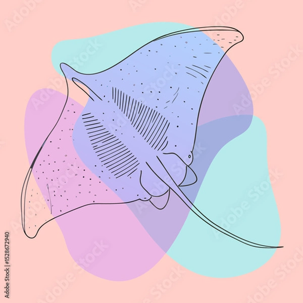 Fototapeta A stylized line illustration of a manta ray with pastel color washes, perfect for blogs on marine life, ocean conservation, or abstract aquatic themes.