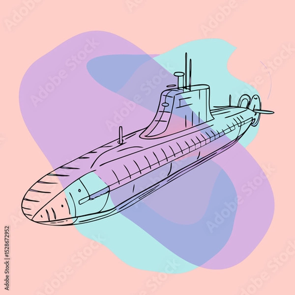 Fototapeta A detailed line illustration of a submarine with overlaid pastel shapes, perfect for blogs on naval history, ocean exploration, or abstract maritime themes.