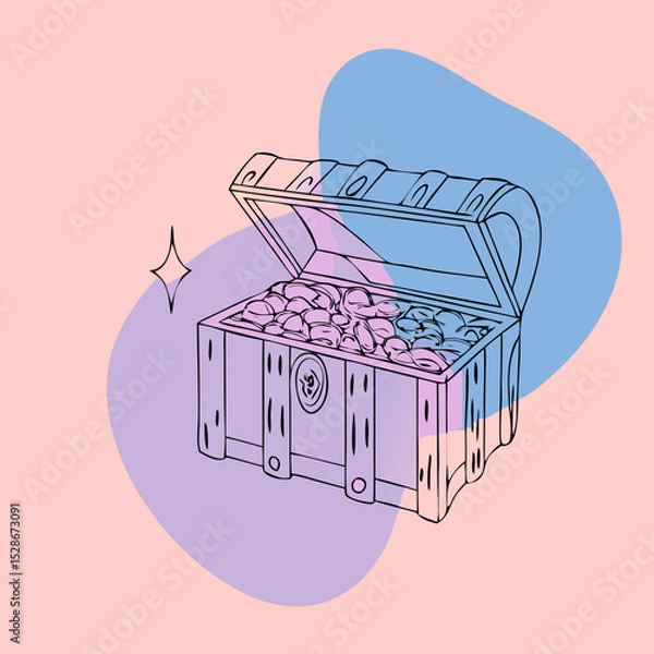 Fototapeta A linear illustration of a treasure chest with decorative patterns and pastel color fills, suitable for blogs on adventure, wealth, mystery, or history.
