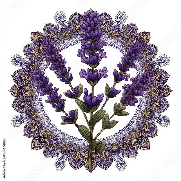 Obraz Elegant Lavender Plant Design with Intricate Mandala Background in Purple and Gold Hues for Creative Projects