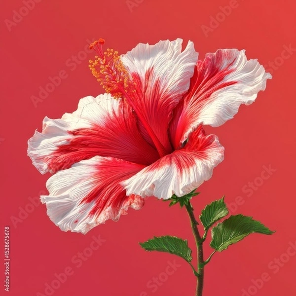 Obraz Vibrant Red and White Hibiscus Flower Against Bold Coral Background in Close-up View