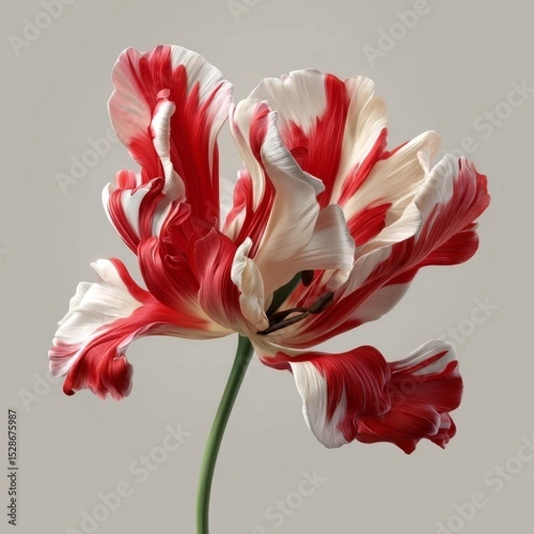 Obraz Vibrant Red and White Tulip Blooming in Soft Artistic Style Against Neutral Background
