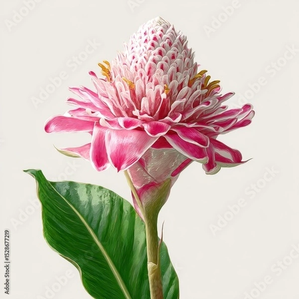 Obraz Stunning close-up of a vibrant pink flower with unique textures and a green leaf against a soft neutral background