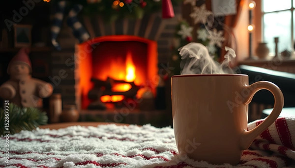 Fototapeta Cozy winter holiday scene with a steaming mug near a fireplace, warm glow of fire lighting up a rustic room 2