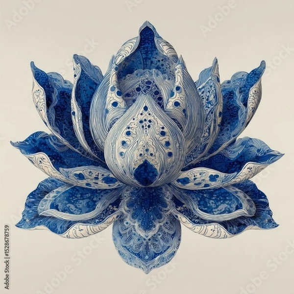 Obraz Intricate Blue and White Lotus Flower Design with Detailed Patterns and Elegant Curves on a Soft Background