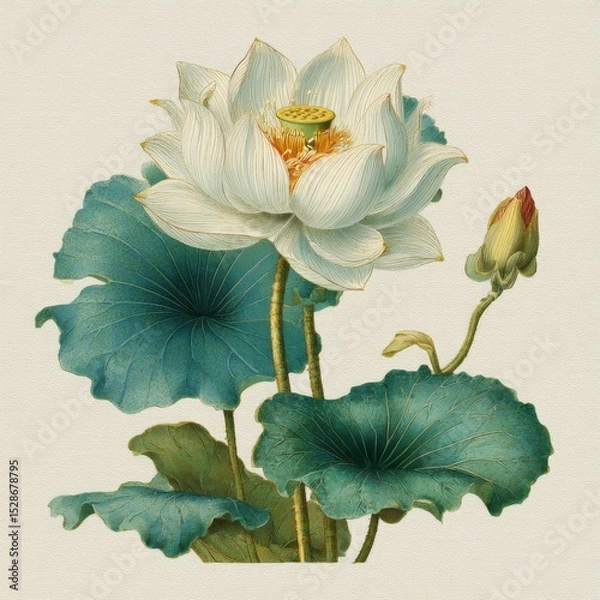 Obraz Elegant white lotus flower with green leaves and a soft background, showcasing natural beauty and tranquility in nature