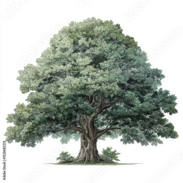 Obraz Majestic oak tree with lush green leaves and intricate bark texture in a bright and airy setting, ideal for nature-themed projects