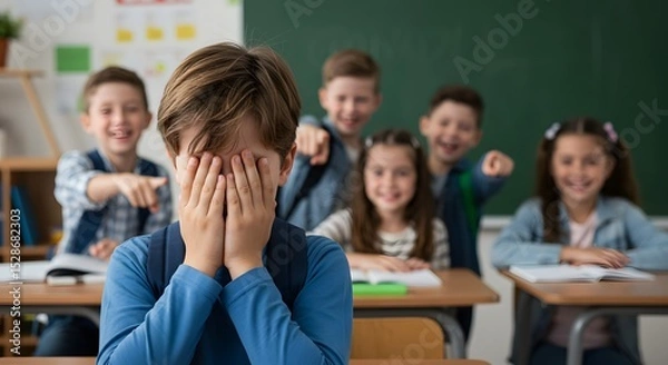 Fototapeta Boy Bullied by Classmates in Classroom School Bullying Scene with Upset Child and Laughing Peers Bullying Incident Captured in a School Environment
