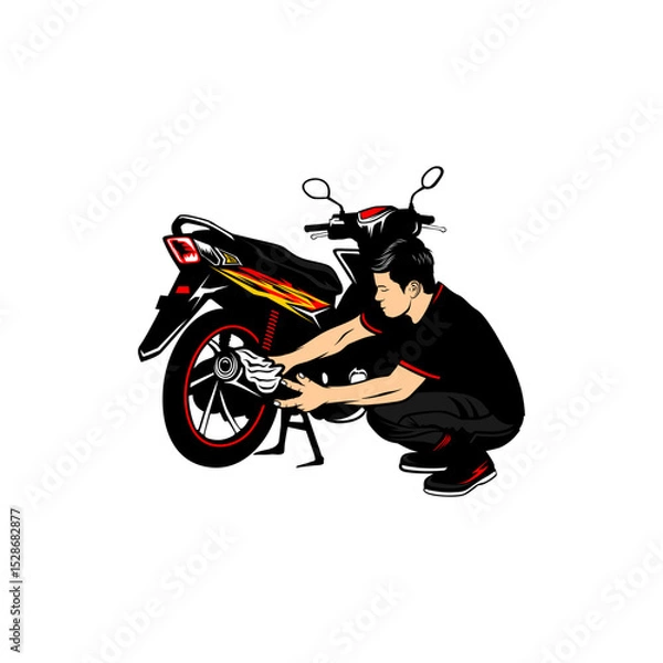 Fototapeta a man squats to clean a motorcycle vector illustration