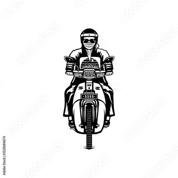 Fototapeta cool classic biker speeding in front view black and white vector illustration