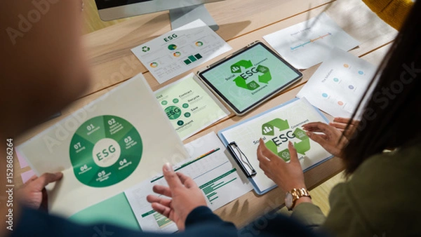 Fototapeta business team discussion reusable product in office,start up eco-friendly business,environmental protection,sustainable business model,ESG strategy,sustainability,team meeting,ESG Report concept