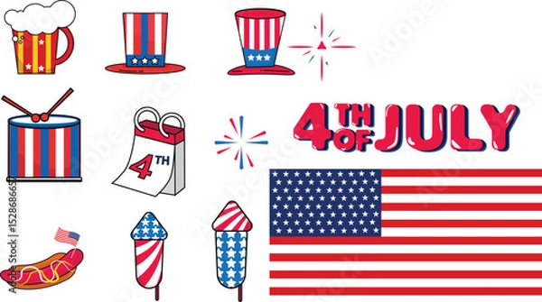 Fototapeta Vector collection of US Independence Day celebration art elements with red-white-blue flag vectors, bright fireworks, and gold stars. Dynamic, patriotic design, perfect for digital or print decoration