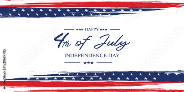 Fototapeta Vector landscape banner celebrating US Independence Day with red-white-blue flag vector, bright fireworks and gold stars. Dynamic, patriotic design, perfect for digital or print decoration.