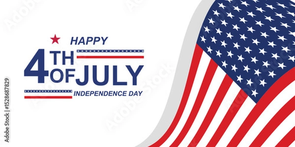 Fototapeta Vector landscape banner celebrating US Independence Day with red-white-blue flag vector, bright fireworks and gold stars. Dynamic, patriotic design, perfect for digital or print decoration.