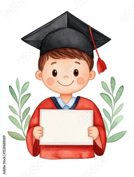 Obraz Happy graduate child in cap and gown holding blank certificate with leaves background, joyful celebration of educational achievement and parental pride