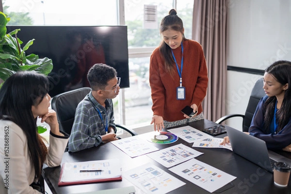 Fototapeta Asian business woman Application Designers presenting trending products report mobile application planning process development software design project ux Graphic designer