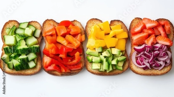 Obraz Toast slices topped with mashed avocado and a rainbow of fresh, healthy toppings