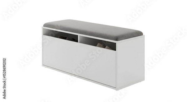 Fototapeta Modern White Storage Bench with Gray Cushioned Seat and Open Shoe Compartments on Transparent Background