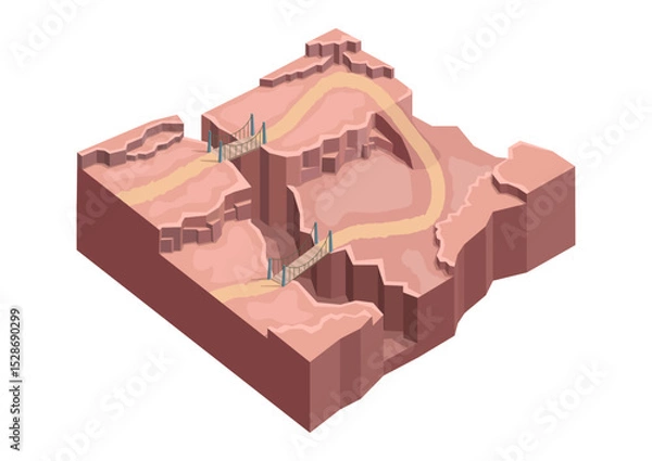 Fototapeta Isometric desert environment with ravines and rocky hills