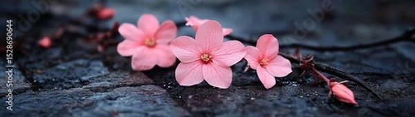 Fototapeta Delicate pink blossoms rest on a dark, textured surface.