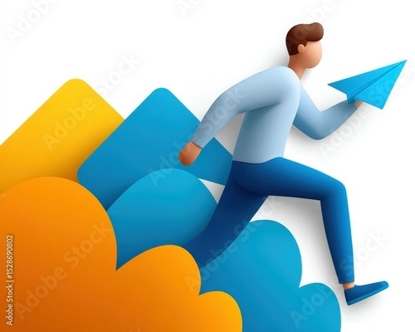 Fototapeta Cartoon man running with paper airplane, business startup concept.