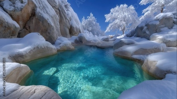 Fototapeta Turquoise water surrounded by snow-covered rocks and trees.