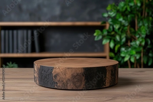 Fototapeta Rustic wooden display stand with plant and bookshelf backdrop.